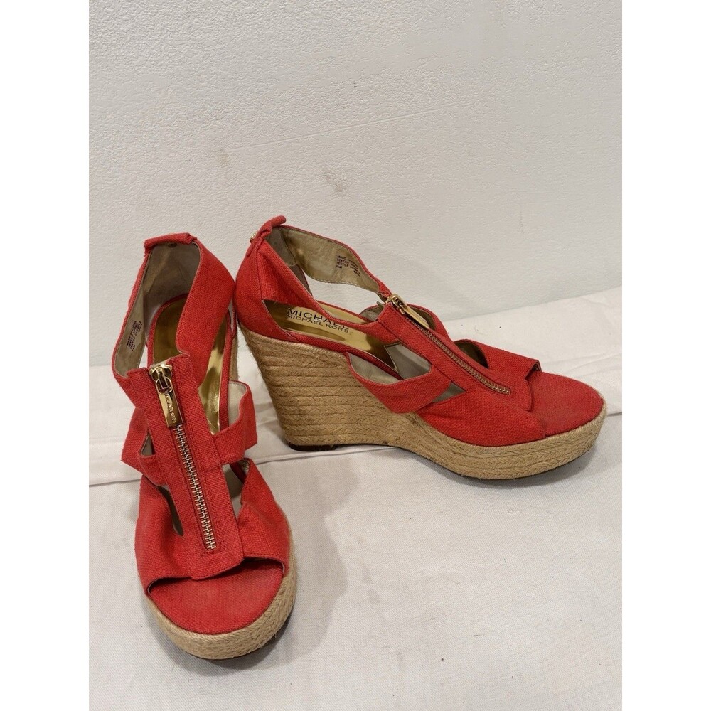 Michael Kors Red Canvas Espadrille Wedge Sandals Zipper Gold Accent Women Size 7 - Picture 2 of 10